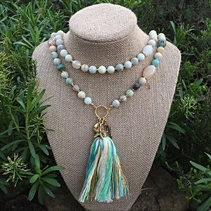 Beach themed blue & gold tassel necklace